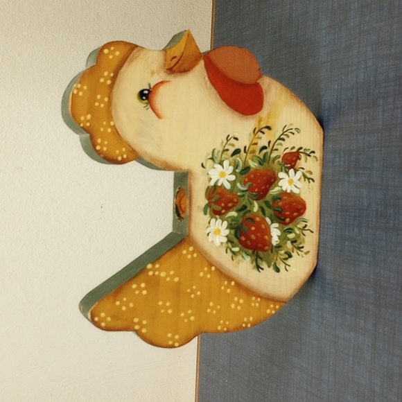 Hand Painted Wooden Chicken w/ Strawberry & Floral Design, Country Candle Holder - Picture 2 of 4